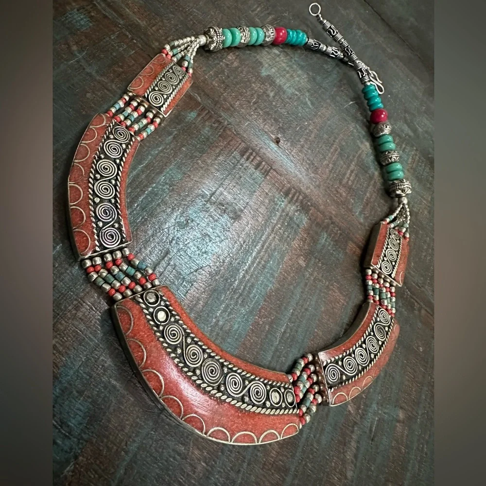 Turquoise and Coral Silver Tibetan Antique Look Necklace Jewelry Beads NEW - Picture 1 of 4